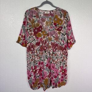 Natural Life Stella Dress Women Large XL Floral Pink Boho Loose Tunic Rayon L/XL